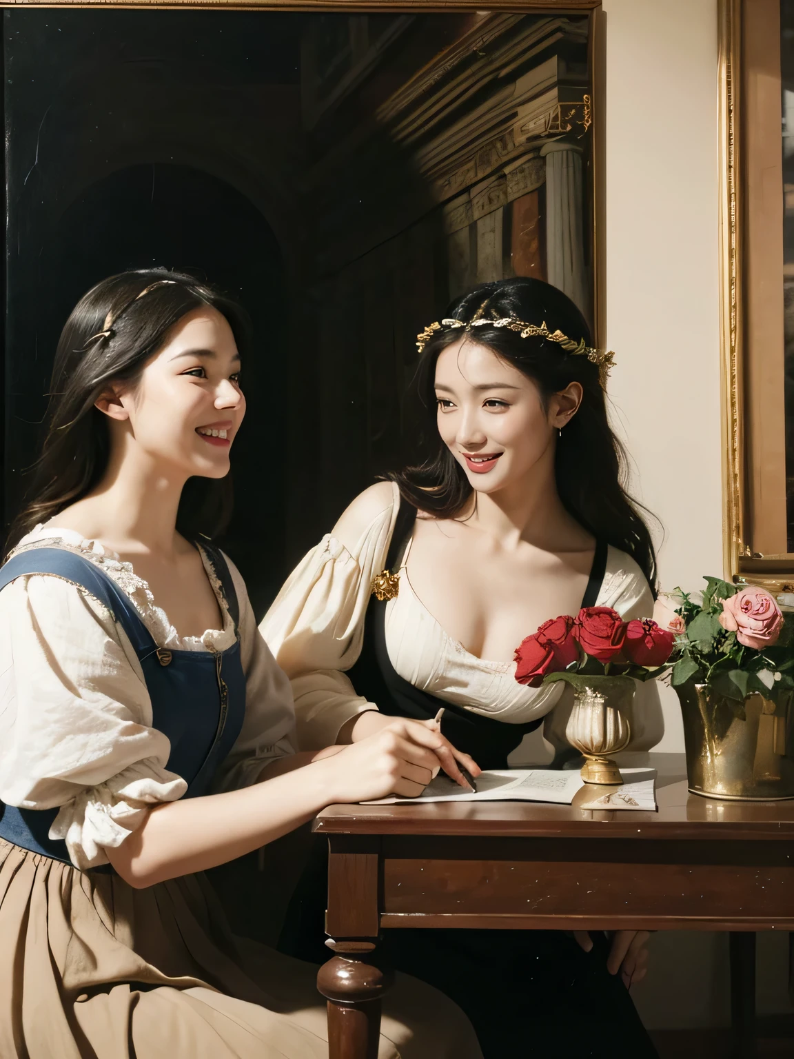 Giorgione painting style,Arguments of two female Philosophe,math、astronomical machine、astronaut、roses in vase、fruits、Cute trinkets、smile、ancient greek costume、Ancient Roman landscape in the style of Nicolas Poussin,laughter,,Sweet and seductive appearance.、Caravaggio's paintings、Chiaroscuro of Caravaggio、hair tousled by the wind,Two women frolicking,cute smile, expression of ecstasy,Sexy,erotic