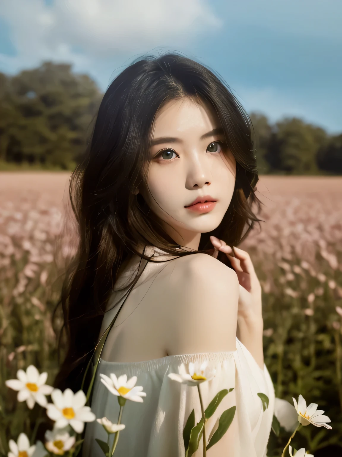 (Highly detailed body,Highly detailed face,Best quality at best:1.2) ,A woman who is,(Dandelions flutter in the wind in the background),a Korean girl,HD photo effects,Artistic photos,lacy white dress,Long black hair,beautiful face,No bra。