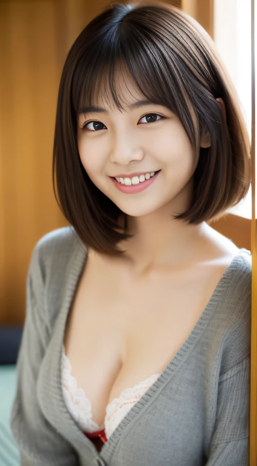 masterpiece,best quality,(Japanese ),((Beautiful girl)),cleavage,indoor,(perfect body beauty:1.2),(shy smile),beautiful teeth,