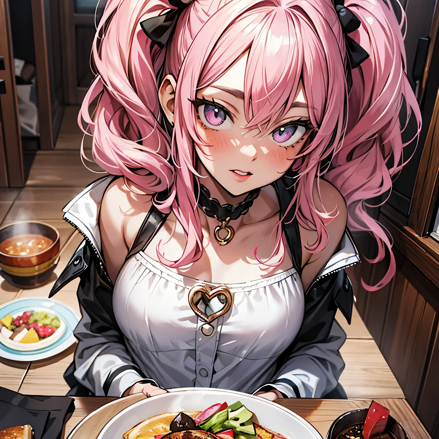 striped hair,pink twintail hair, Hello, mole under eye, mole under mouth, heart shaped eyes, long eyelashes, pink eyes, heart shaped choker、Full body Esbian、look at the audience、shy, blush, teeth, ear blush, nose blush,anime style, color field paint, ray tracing, bloom, one person'perspective, nffsw, award-winning, 16k, 最high quality, advanced details, high quality, table top, High resolution, Accurate, Super detailed