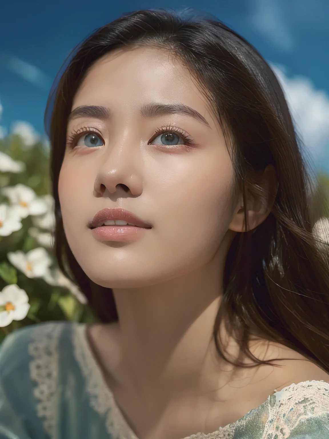 ((Pure Beauty:0.8+Ultra-realistic realism:1.2),Caucasian flesh:1.2,Bright eyes:1.1),Light contrast and hue:1.1,High Surface:1.1,Image quality:ultra hd:1.3,Upper part of the body,high nose bridge,dynamic angle,Clouds and sea,Field of flowers in the foreground,Light Tracking,lifelike,Informal art,Unity 8k壁纸,Ultra - Details,beautiful and beautiful,master-piece,beste-Qualit,gleaming skin,Cinmatic lighting,