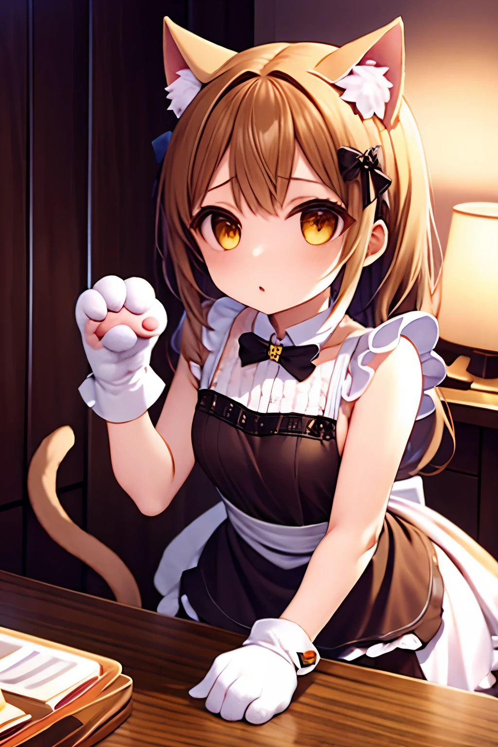 1girl,outfit,cocoa\(coffee\),table,animal hands maid dress with cat ears,pet pose,(detailed paws),animal gloves,