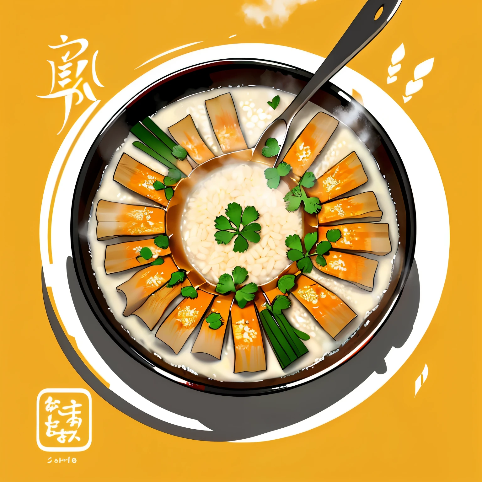 Logo design for pares lugaw: (Steaming hot bowls of rice porridge), (Traditional Filipino dish), (Vibrant and inviting colors), (Hand-drawn illustration style), (Golden color palette), (Four bowls arranged in a circle), (Steaming steam rising above each bowl), (Playful and friendly font), (Each bowl featuring a small, happy spoon floating in it), (Designed to evoke a sense of comfort and warmth), (Simple yet visually appealing) — Masterpiece: 1.2.