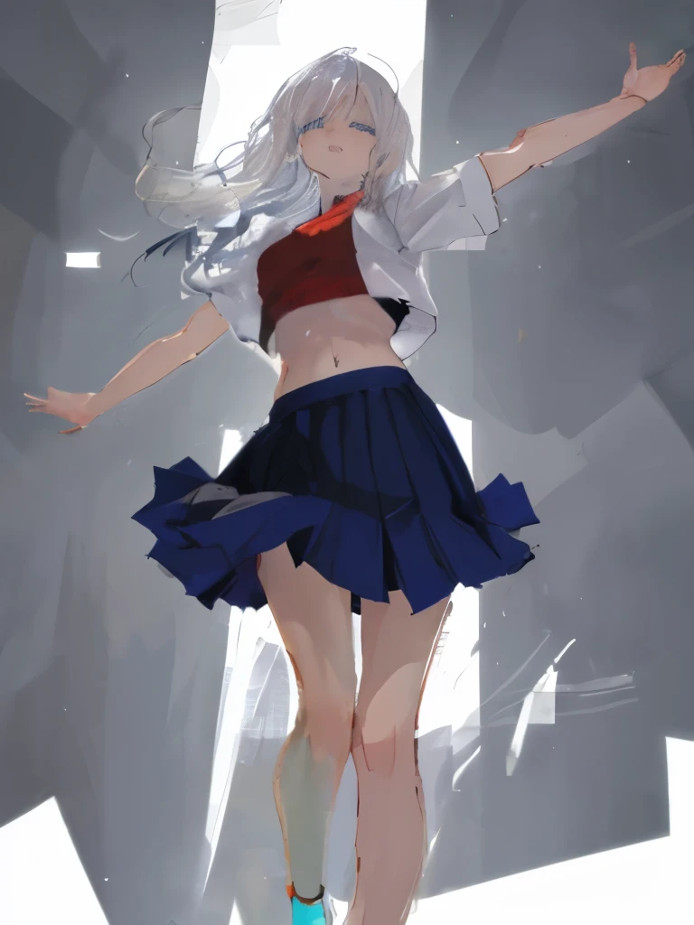 an anime drawing of a woman leaning back with hands out in the air, 1girl, foreshortening, blue eyes, solo, white hair, midriff, skirt, navel, sketch, long hair,masterpiece,