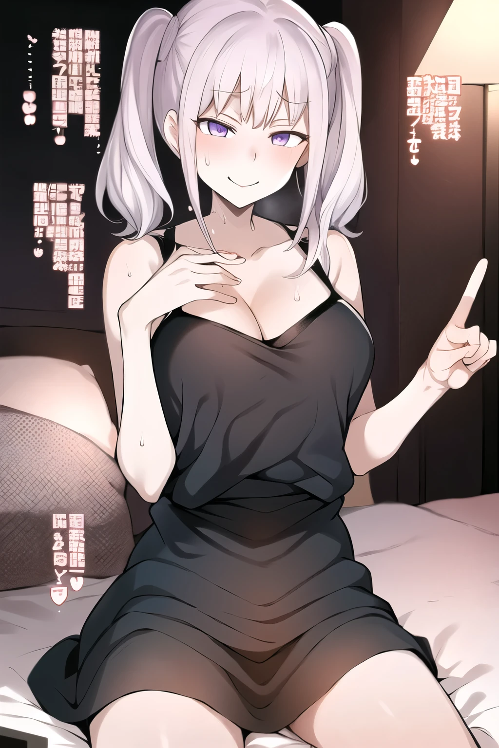 sweat, full-face blush, netorare, corruption, looking at viewer,(happy, smirk,smug, closed mouth,smile,middle finger), sitting on bed,cleavage,  bare shoulders, collarbone,((black bikini )), hotel Room, white hair, purple eyes,long hair,, (masterpiece),(best quality),extreamly delicate and beautiful,illustration,absurdres,(realistic:0.4), high quality,, 1boy,1girl, hetero,