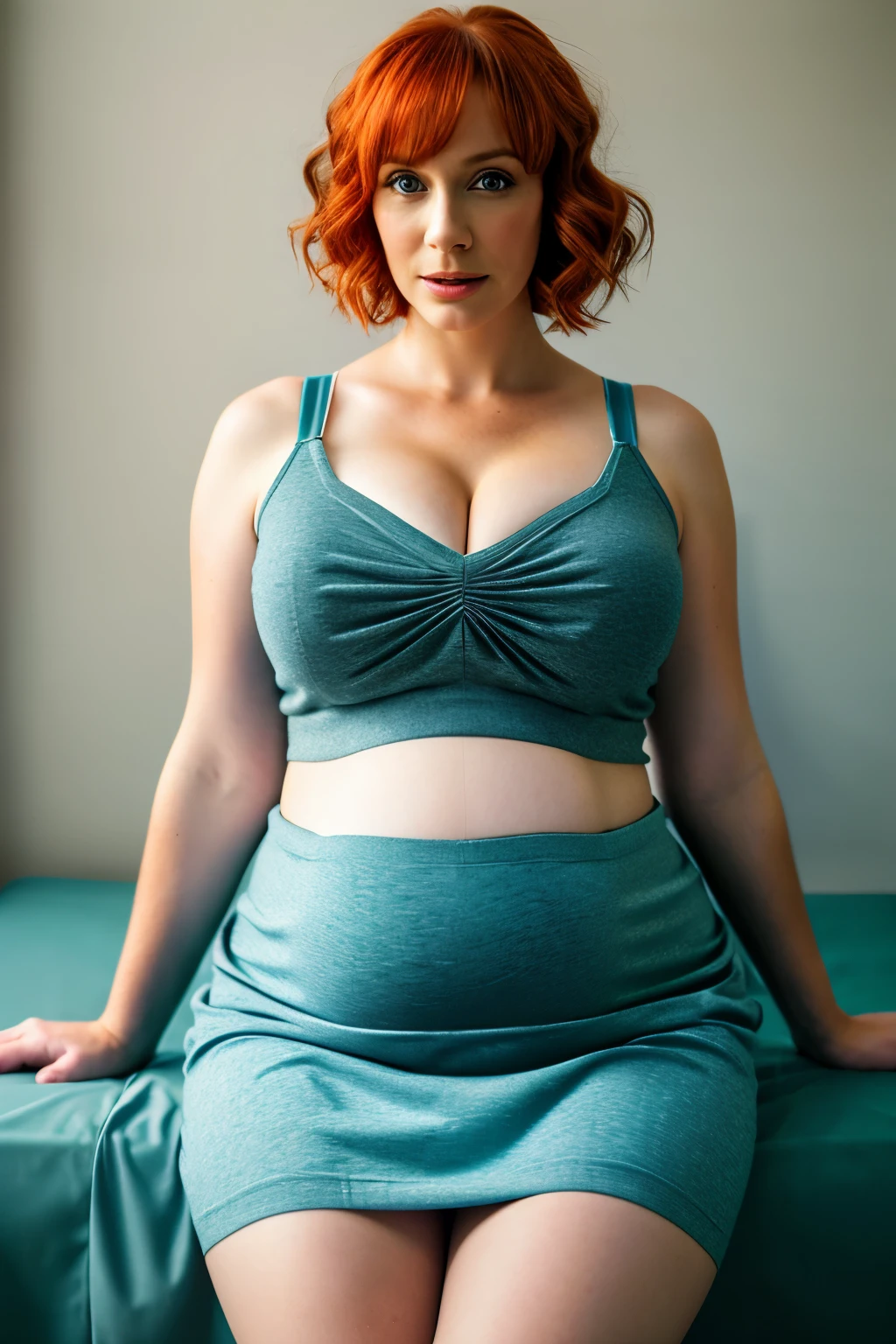 Realistic photo of a beautiful chr1sh3n woman,  1girl, solo, breasts, short hair, blue eyes, skirt, orange hair, large breasts, cleavage, (huge pregnant), jewelry, sitting, pantyhose, arm up, lips, ring, pencil skirt, realistic, soft lighting, professional Photography, Photorealistic, detailed, RAW, analog, sharp focus, 8k, HD, DSLR, high quality, Fujifilm XT3, film grain, award winning, masterpiece