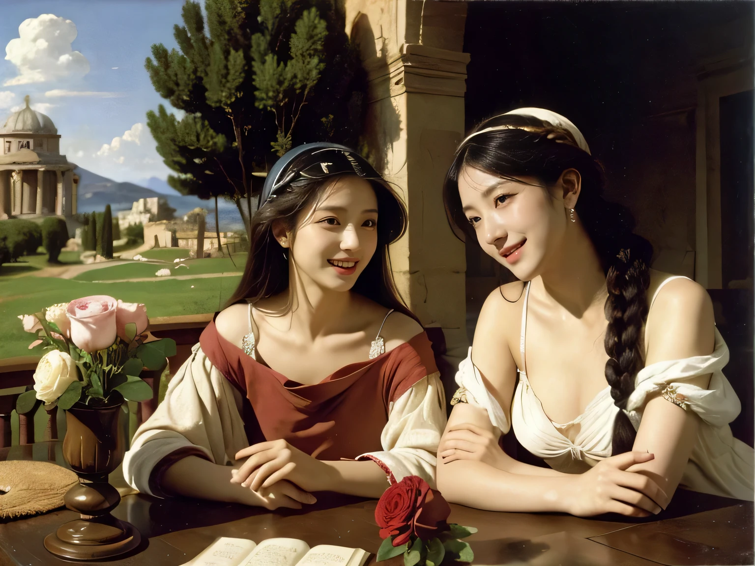 Giorgione painting style,Arguments of two female Philosophe,math、astronomical machine、astronaut、roses in vase、fruits、Cute trinkets、smile、ancient greek costume、Ancient Roman landscape in the style of Nicolas Poussin,laughter,,Sweet and seductive appearance.、Caravaggio's paintings、Chiaroscuro of Caravaggio、hair tousled by the wind,Two women frolicking,cute smile, expression of ,Sexy,erc