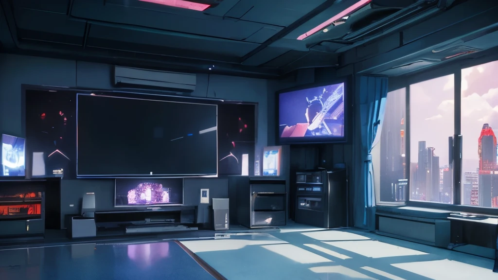 there is a room with a gaming computer, television, and a large window, style of madhouse studio anime, artstation hq”, anime background art, personal room background, anime concept hdr anime macmanus, futuristic room, futuristic government chambers, gaming room in 2 0 4 0, anime scene, in a cyberpunk themed room, background in a cinematic, futuristic room background