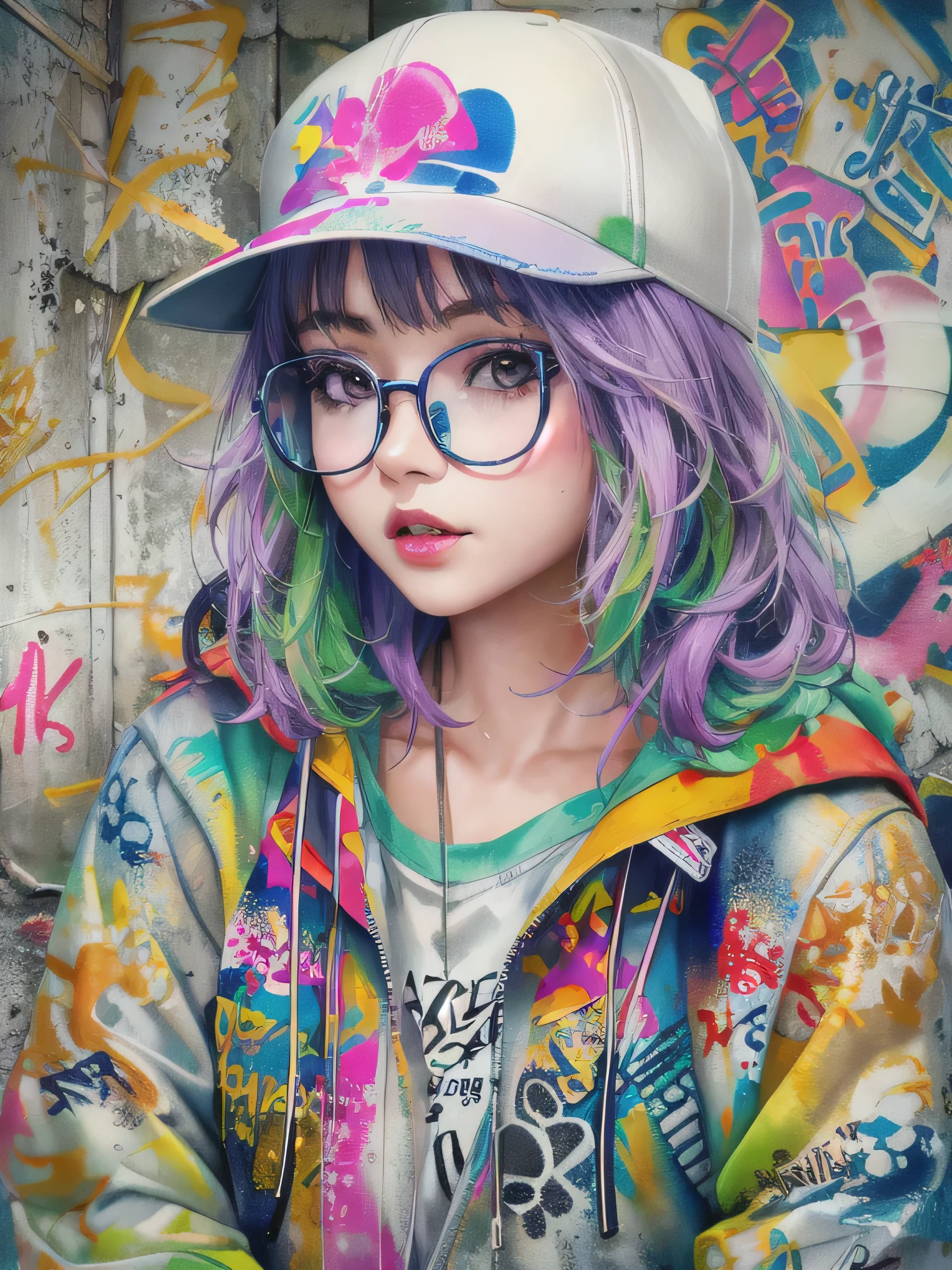 8K quality, watercolor painting, stylish design, (((The strongest beautiful girl of all time))), (((Japanese)))、Idol、clear, stylish glasses, Fashionable hats, (((highest quality))), bob hair, put your hand on the wall, HDR, ((Detailed details)), (((stylish fashion))), detailed clothing texture, (((graffiti art))), colorful hair, ((masterpiece))、((Super detailed))