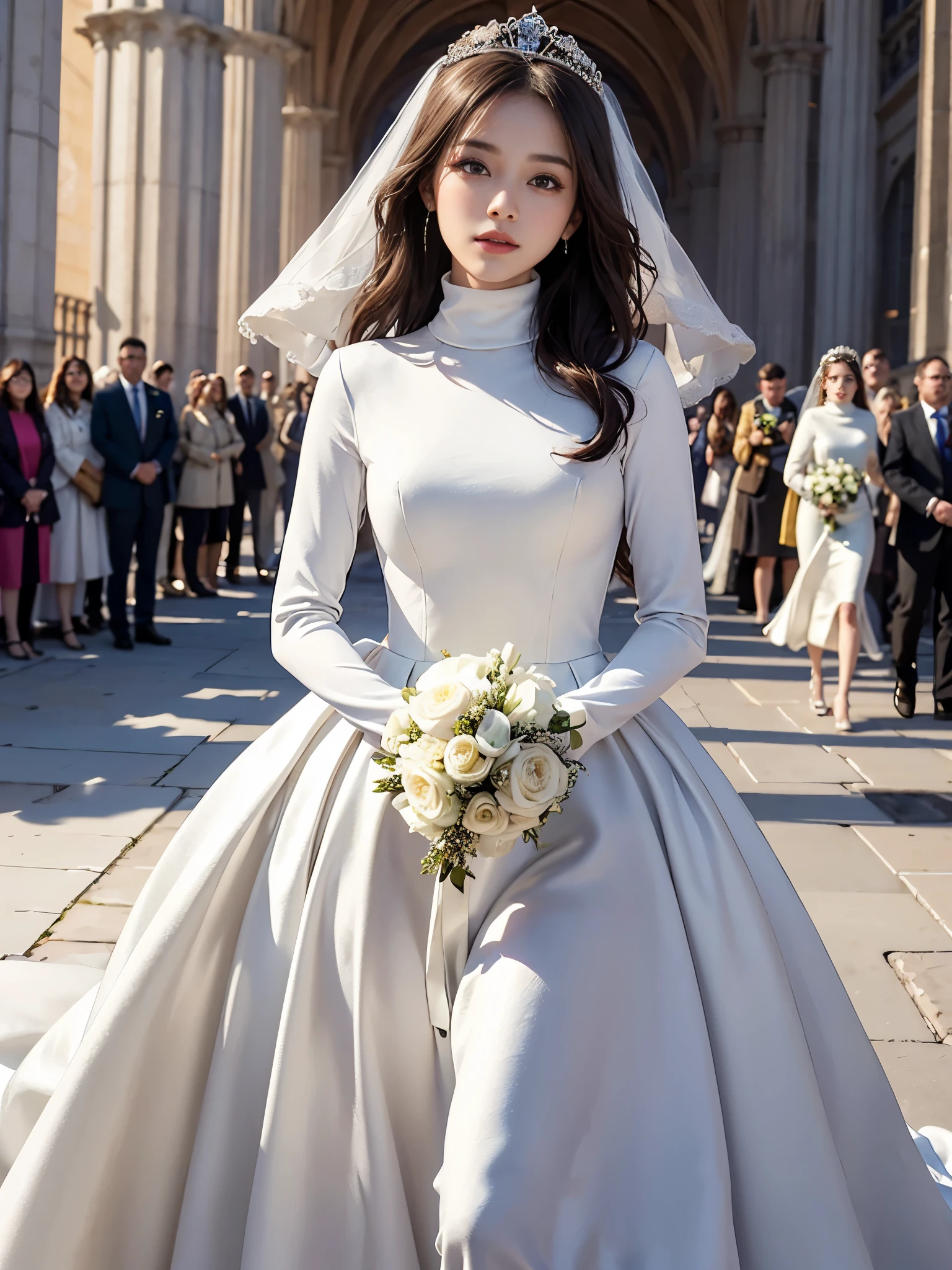 best quality, masterpiece, There is only one woman, yak, cute teen, shiny lips, sweet, sun glare, Conservative attire, turtleneck wedding dress, bridal tiara, depth of field, blurred background, Cathedral Background, light particles, strong wind, head tilt, long hair,