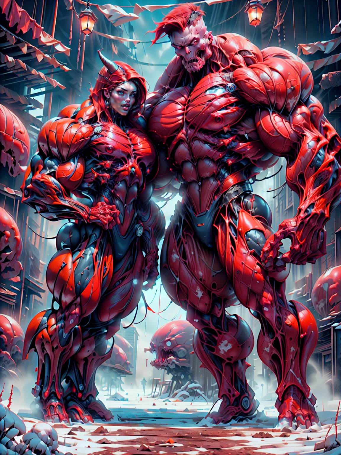 (1 girl), (megan fox:1.25), (long red hair), (carnage skinless physique:1.25), (1 super muscular undead skinless succubus with gigantic horns:1.25), (covered in red necrotic rotting skinless muscle:1.25), (exposed muscles & veins everywhere:1.25), (perfect fingers:1.25),(8k, RAW photo, photorealistic:1.25), dark horrific scary atmosphere, hellish landscape, Hellraiser like atmosphere,