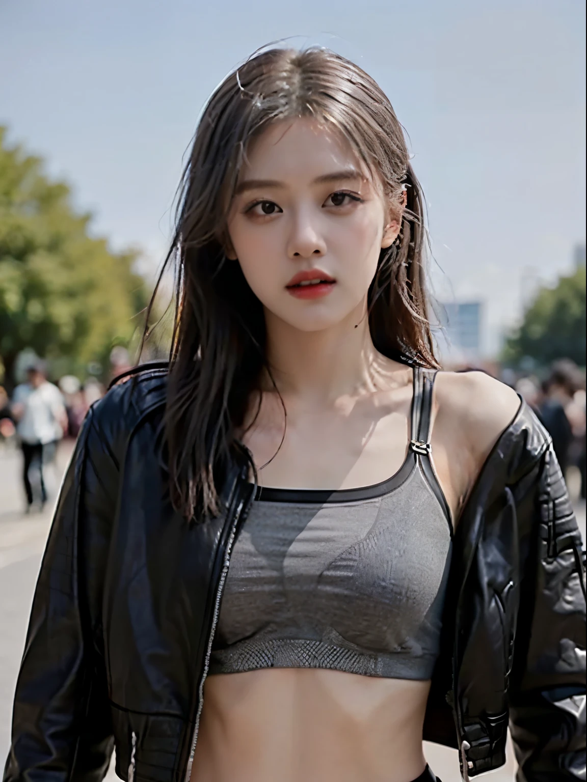 (masterpiece:1.2), 8k,(ultra-realsitic:1.37), in public park, f=1.8, daytime, blurred background, Korean porn actress dancing, (visible left armpit:1.5), face lights, Detailed face, (seductive face:1.5), (a black faux leather jacket:1.5), (grey sports bra under jacket:1.5)