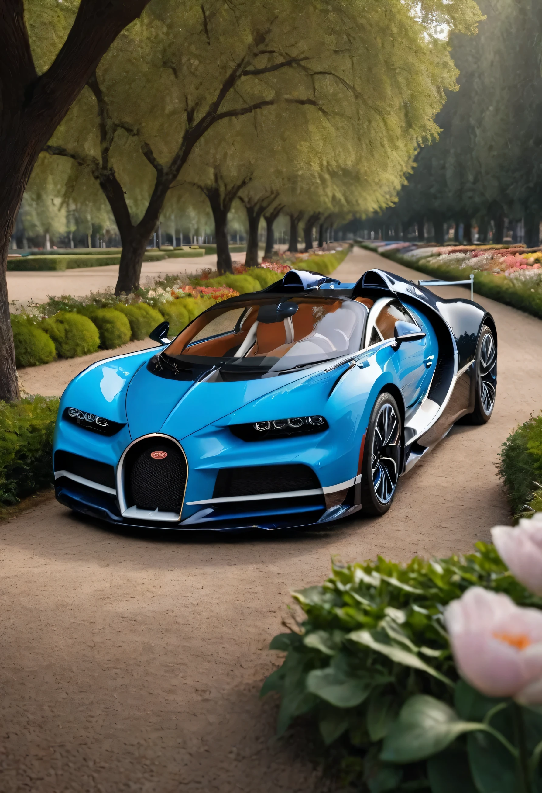 Bugatti Bolide em um parque com flores e pequenas florestas. The car is parked. There is a woman doing makeup looking in the rear view mirror of the car.