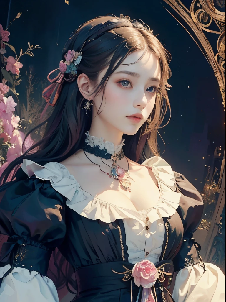 (masterpiece、quality、quality、detailed and complex、official art、aesthetically pleasing:1.3)、(1 woman:1.3)、(fractal art:1.3)、very colorful、vivid、victorian era clothing