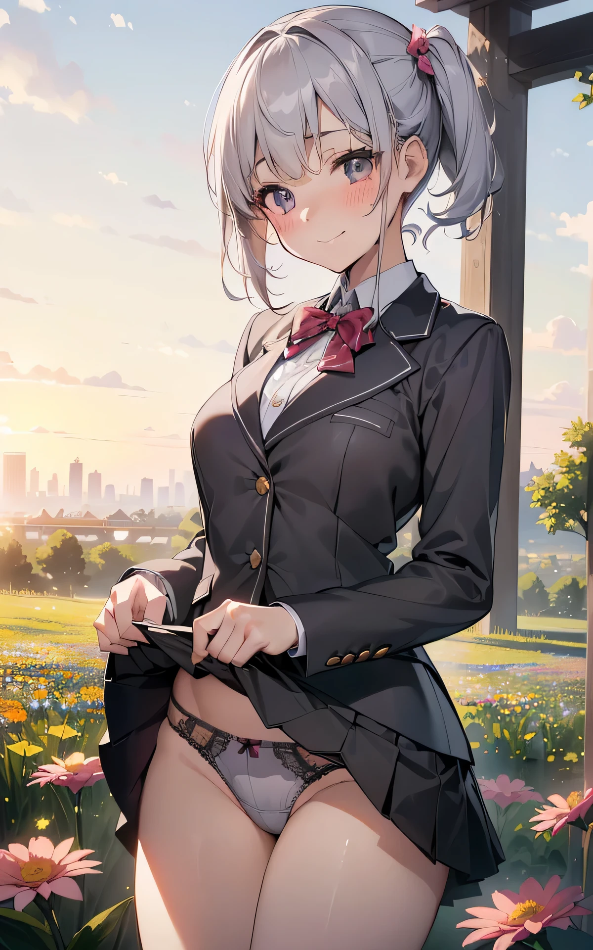 absurderes:1.8, ((skirt lift by myself:1.5, From the thigh up:1.5, beautiful clear eyes, Flower Meadow)), ((school uniform, blazer、showing panties, panties emphasis:1.6, gray hair、))、(1woman), Unity 8K Wallpaper, Masterpiece, detailed hair, highly detailed, ( panties:1.4),, (light smile:1.4), (blush:1.3)