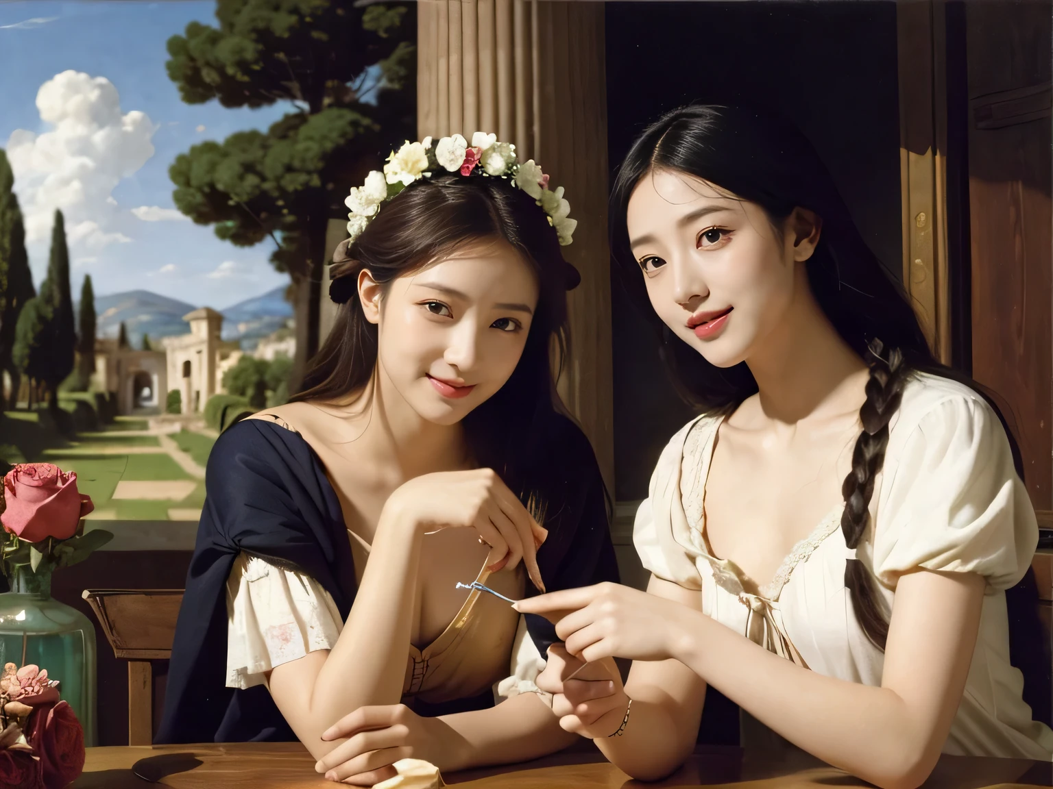 Giorgione painting style,Arguments of two female Philosophe,math、astronomical machine、astronaut、roses in vase、fruits、Cute trinkets、smile、ancient greek costume、Ancient Roman landscape in the style of Nicolas Poussin,laughter,,Sweet and seductive appearance.、Caravaggio's paintings、Chiaroscuro of Caravaggio、hair tousled by the wind,Two women frolicking,cute smile, expression of ecstasy,Sexy,erotic