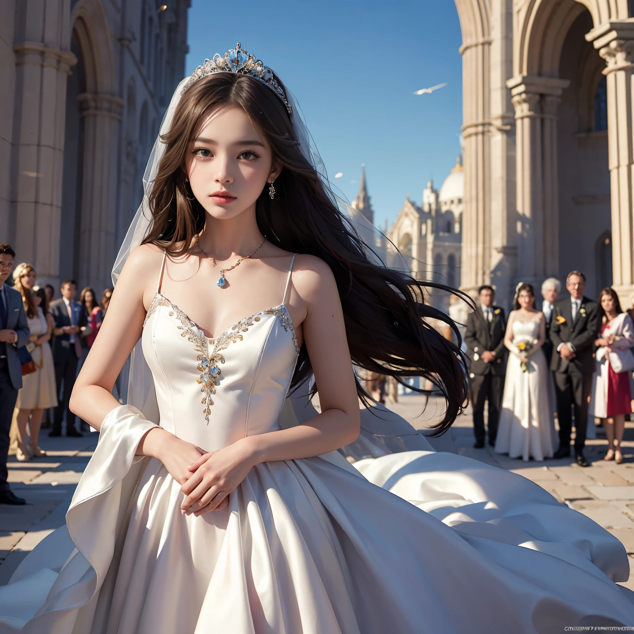 best quality, masterpiece, There is only one woman, yak, cute teen, shiny lips, sweet, sun glare, Conservative attire, princess line wedding dress, bridal tiara, depth of field, blurred background, Cathedral Background, light particles, strong wind, head tilt, long hair,