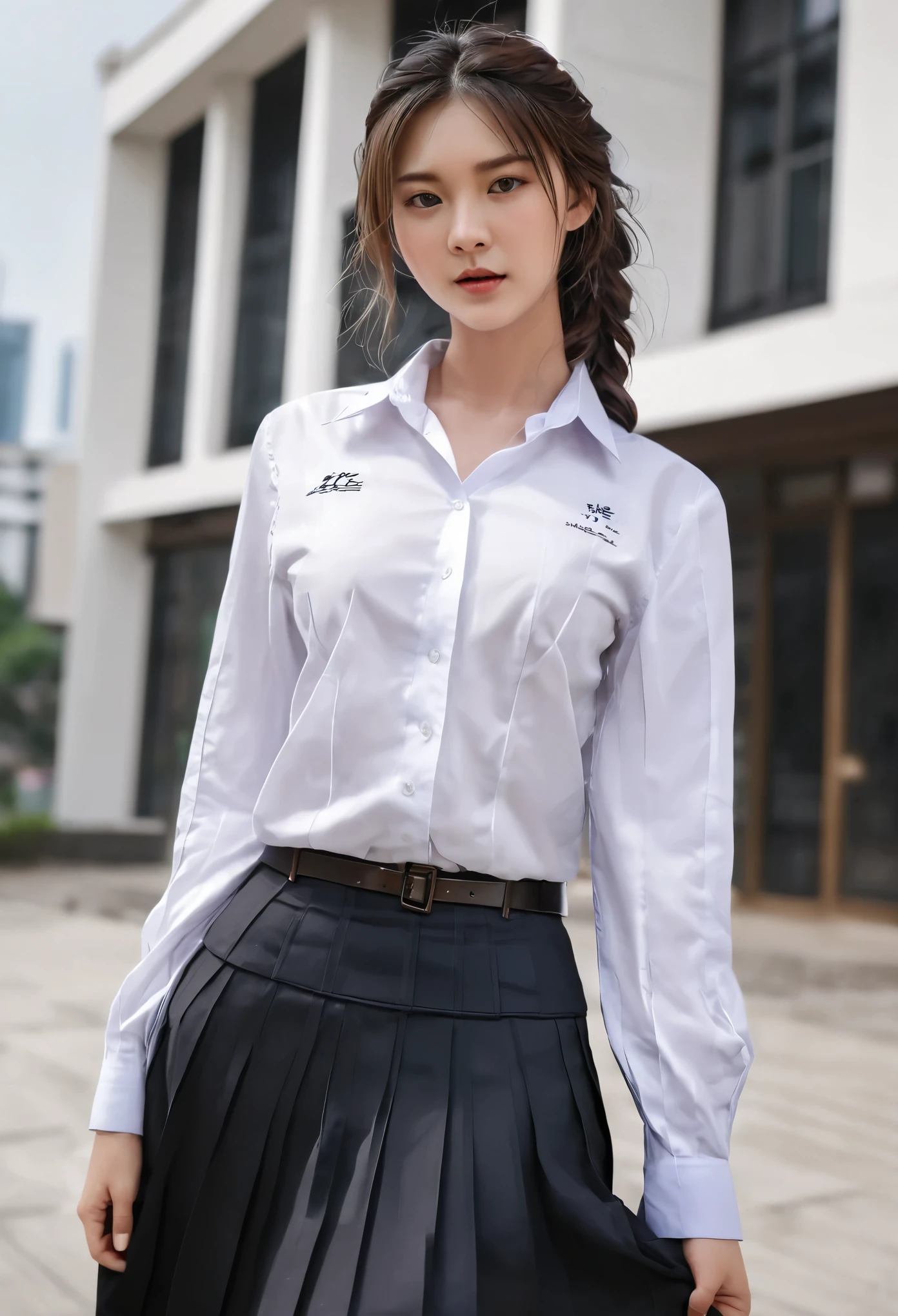 Masterpiece :1.3), A tall and pretty woman, Slender abs, Dark brown hair styled in loose waves, Breasts, student  uniform, White button up shirt, Black pleated skirt, (Modern architecture in background), Details exquisitely rendered in the face and skin texture, Detailed eyes, Double eyelid