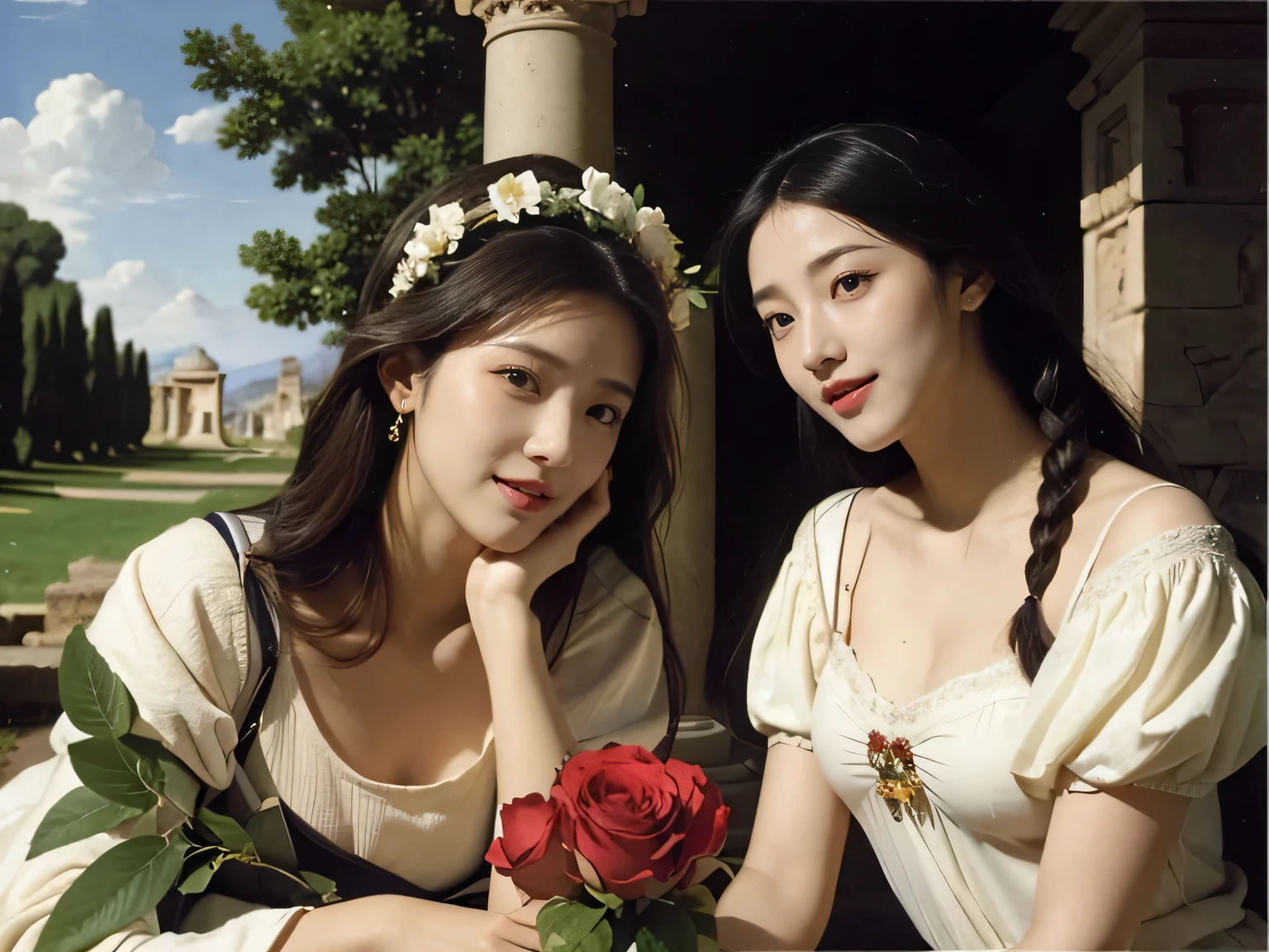 Giorgione painting style,Arguments of two female Philosophe,math、astronomical machine、astronaut、roses in vase、fruits、Cute trinkets、smile、ancient greek costume、Ancient Roman landscape in the style of Nicolas Poussin,laughter,,Sweet and seductive appearance.、Caravaggio's paintings、Chiaroscuro of Caravaggio、hair tousled by the wind,Two women frolicking,cute smile, expression of ecstasy,Sexy,erotic