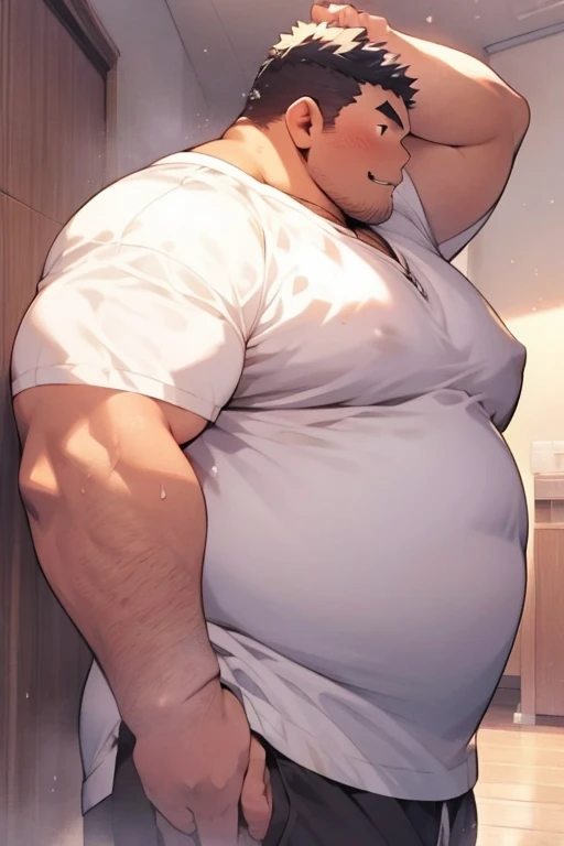 masterpiece, 8K, Chubby male, chubby fat male, chubby male, male with short haircut, white Y-shirt transparent with sweat, lone male, Naked male, anime style illustration