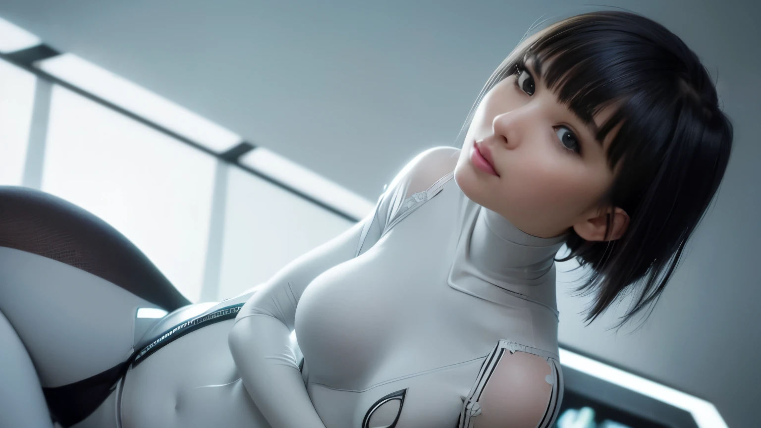 (RAW photo best quality) (realistic photo-realistic: 1.3) best quality masterpiece extremely delicate and beautiful extremely detailed CG unity 32k wallpaper amazing finely detailed masterpiece cyborg light smile best quality CG unity 32k wallpaper huge filesize ultra-detailed highres extremely detailed 1girl japanese cyborg girl slim body slender abs big  looking into camera (hyperfuturistic black bodysuit :1) (short hair) (black hair) sharp focus hyperrealism