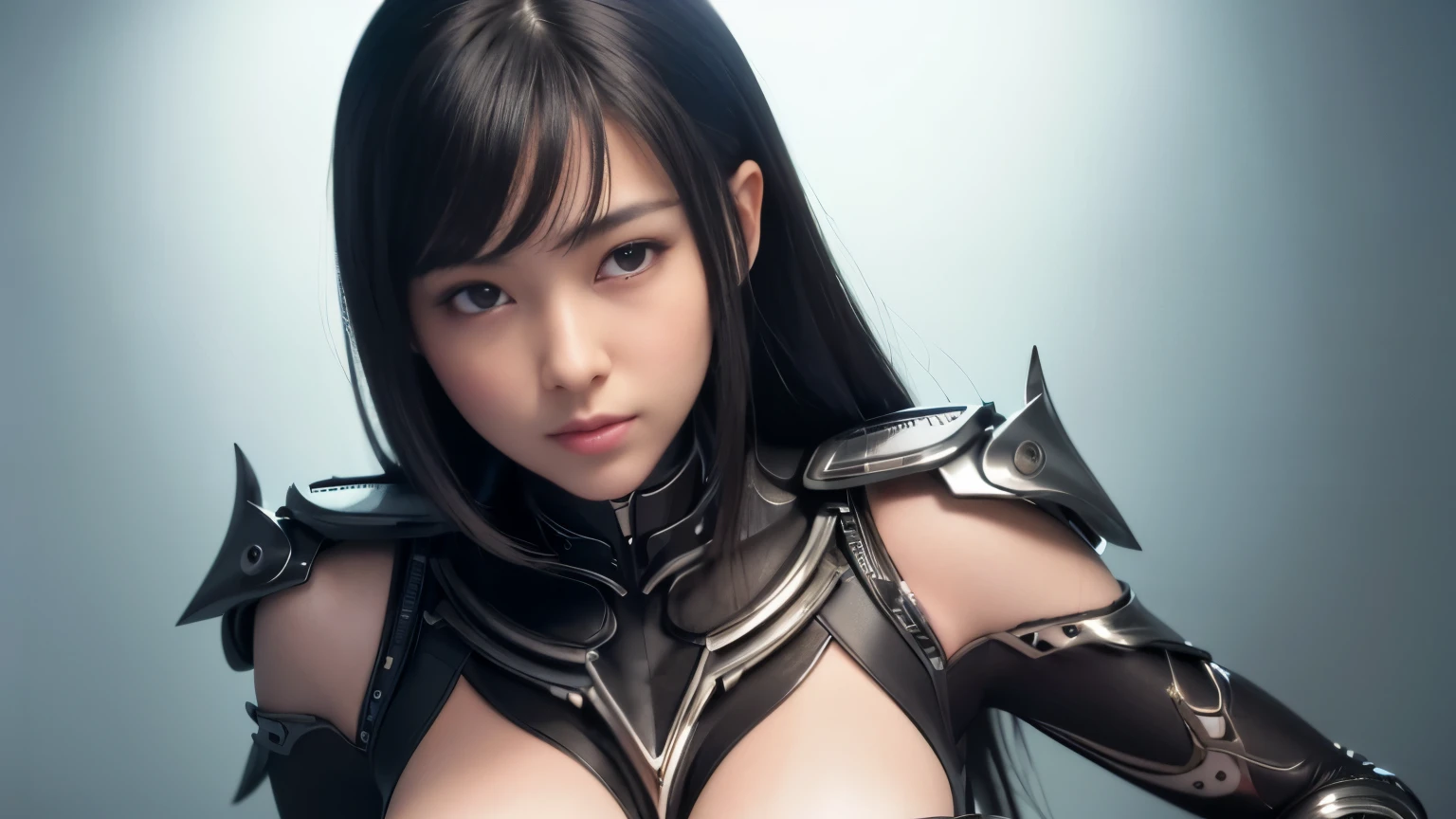 (RAW photo best quality) (realistic photo-realistic: 1.3) best quality masterpiece extremely delicate and beautiful extremely detailed CG unity 32k wallpaper amazing finely detailed masterpiece cyborg light smile best quality CG unity 32k wallpaper huge filesize ultra-detailed highres extremely detailed 1girl japanese cyborg girl slim body slender abs big looking into camera (hyperfuturistic black bodysuit :1) (short hair) (black hair) sharp focus hyperrealism