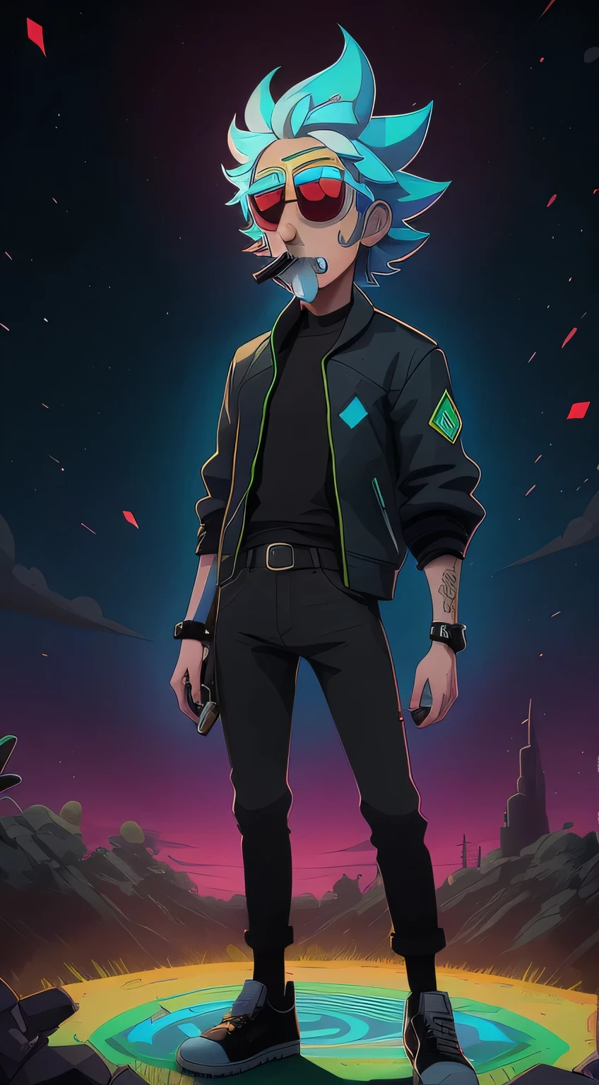 cartoon illustration of a man with blue hair and sunglasses standing in a field, no estilo de arte Rick e Morta, arte do retrato de Rick Sanchez, retrato de Rick Sanchez, estilo Rick e Morta, Rick Sanchez, estilo de Rick & morto, rick from rick and morto, detailed 2D illustration, Rick Sanchez na vida real, arte oficial do personagem, 2nd art, montado em uma motocicleta Harley Davidson, com um cigarro na boca, olhando para o celular dele