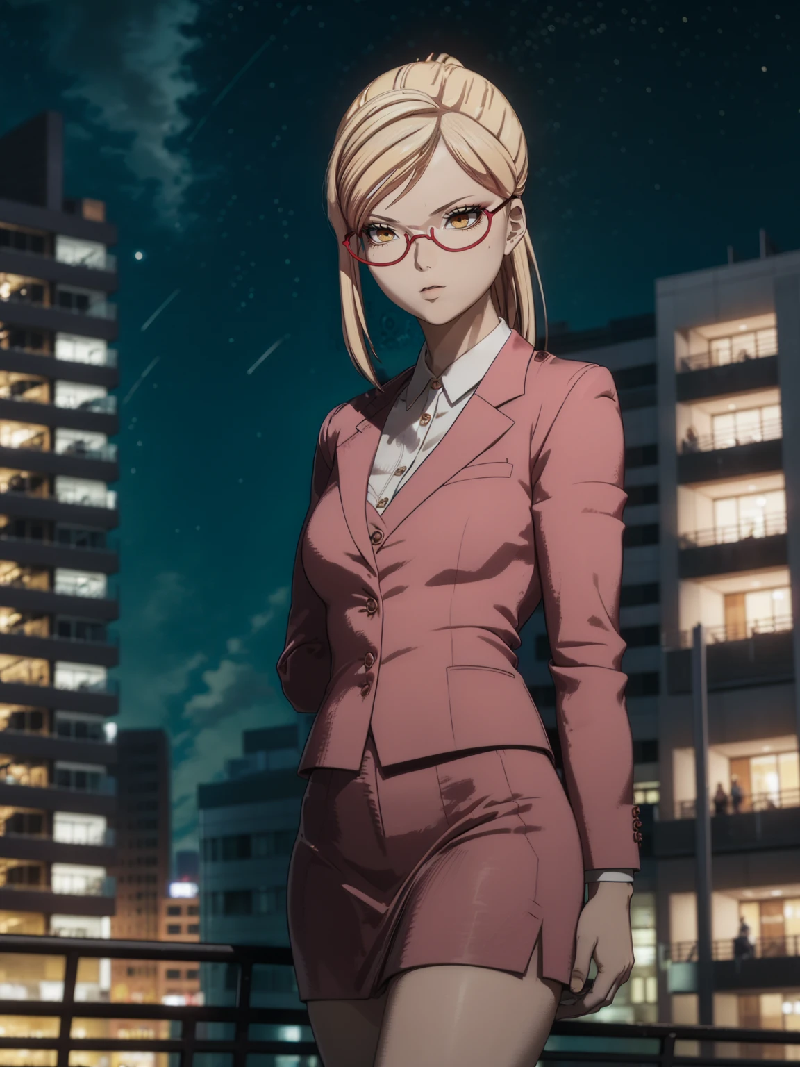 (extremely detailed fine touch:1.2),masterpiece, best quality, Akiyama_K,1 girl, looking at viewer, swept bang,ponytail,blonde hair,red glasses, yellow eyes,collared white shirt, red jacket, red skirt suit ,crossed legs, smirk, outdoors,night sky,city background, pencil skirt