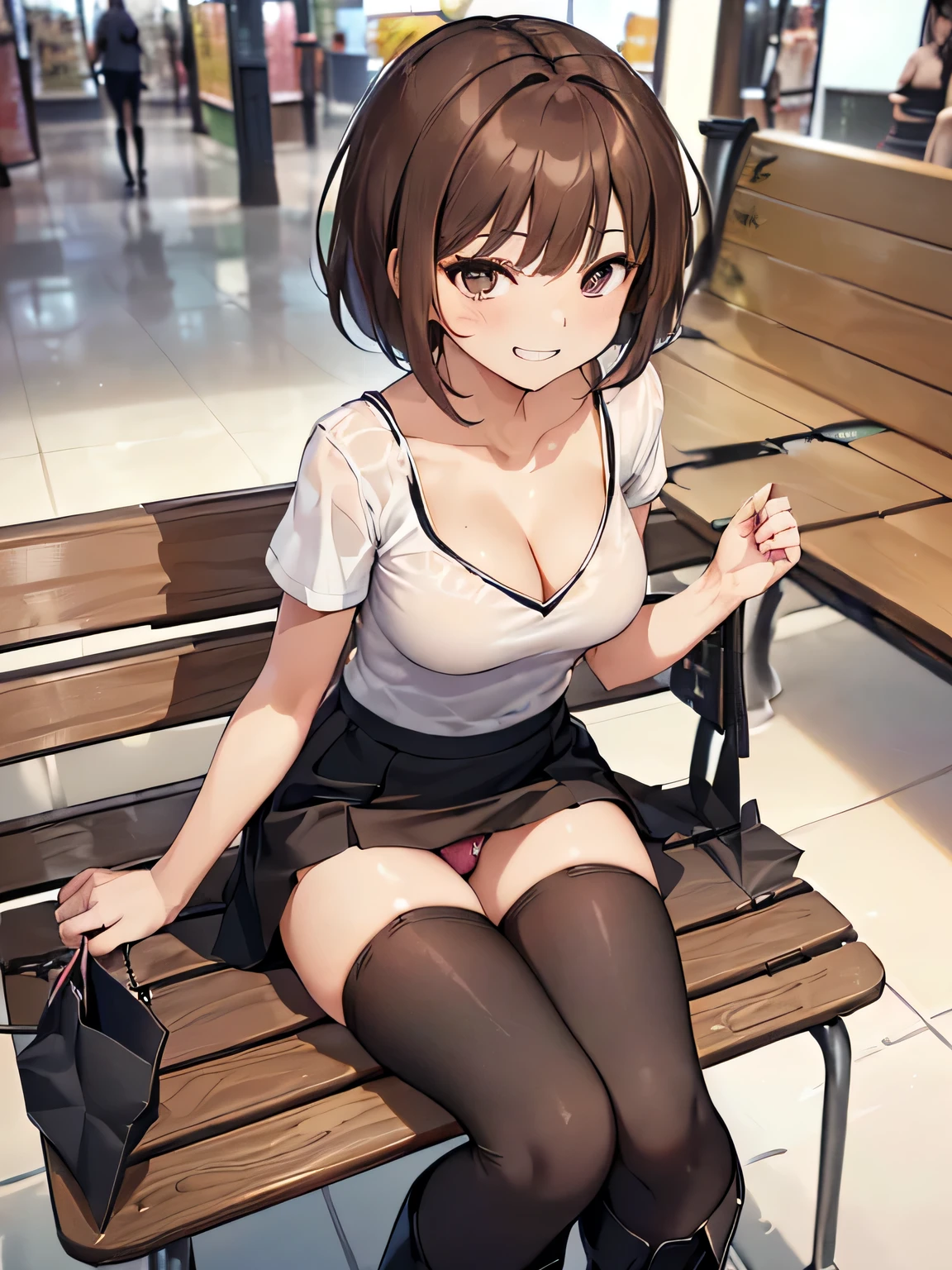 there is one woman、(The skirt is too short and you can see my pants.:1.8)、(Please show the composition as seen from the front..:1.5)、
(He is wearing a white short-sleeved V-neck T-shirt:1.u can almost see her cleavage from the V-neck:1.5)、(It'super tight black miniskirt.:1.8)、(I'Iは黒のスリムなロングブーツを履いています:1.8)、(Pants with flashy colors and patterns:1.2)、
(woman has short brown hair:1.5), shining eyes, (A provocative grin:1.5),
(The location is a high bench in a shopping mall..:1.8)、
highest quality, High resolution, realistic pictures, realistic skin,
