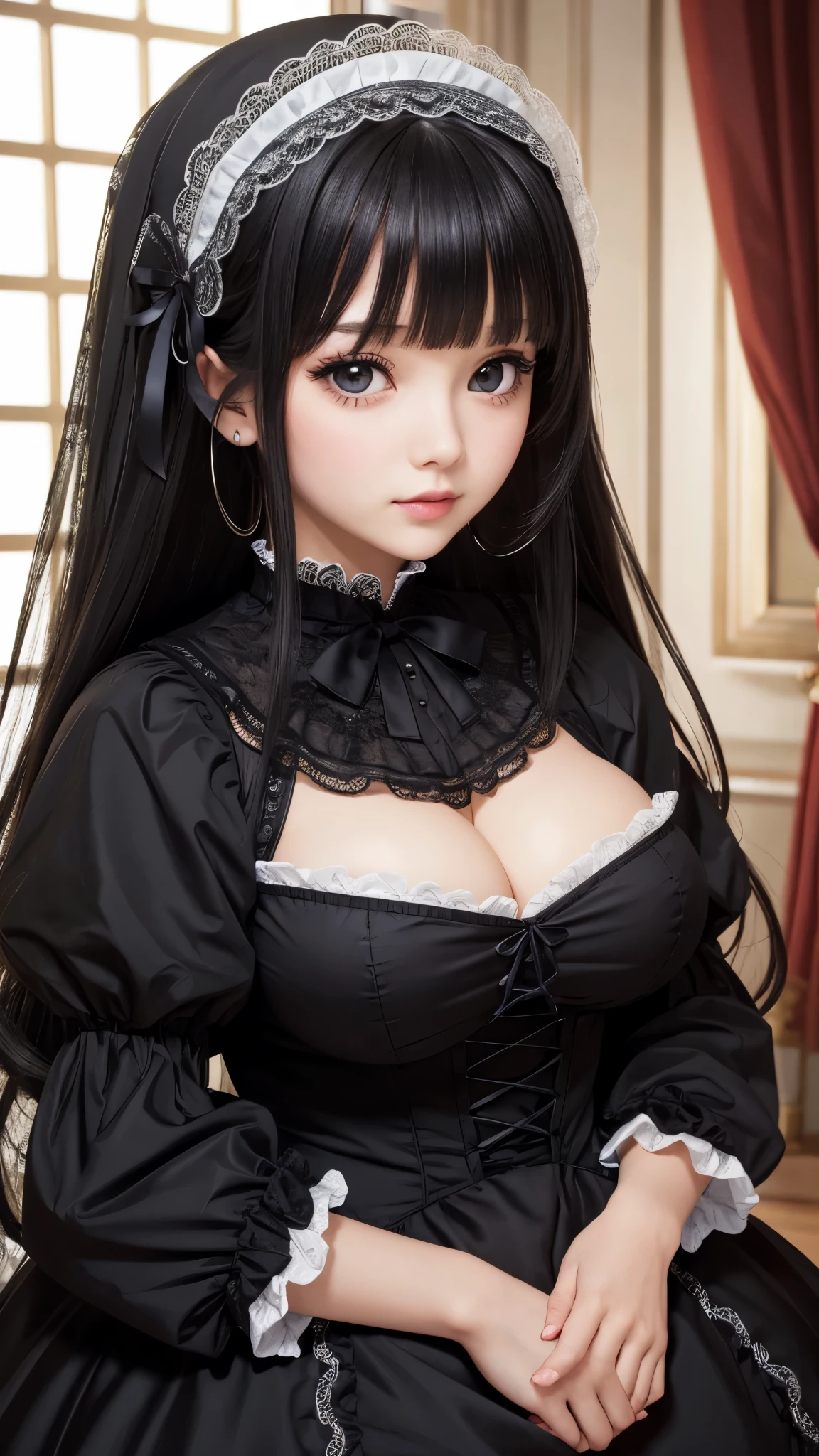 ((high quality)), ((high resolution)), (detailed face), (highlight), princess、Big breasts、blunt bangs、black hair、Gothic Lolita