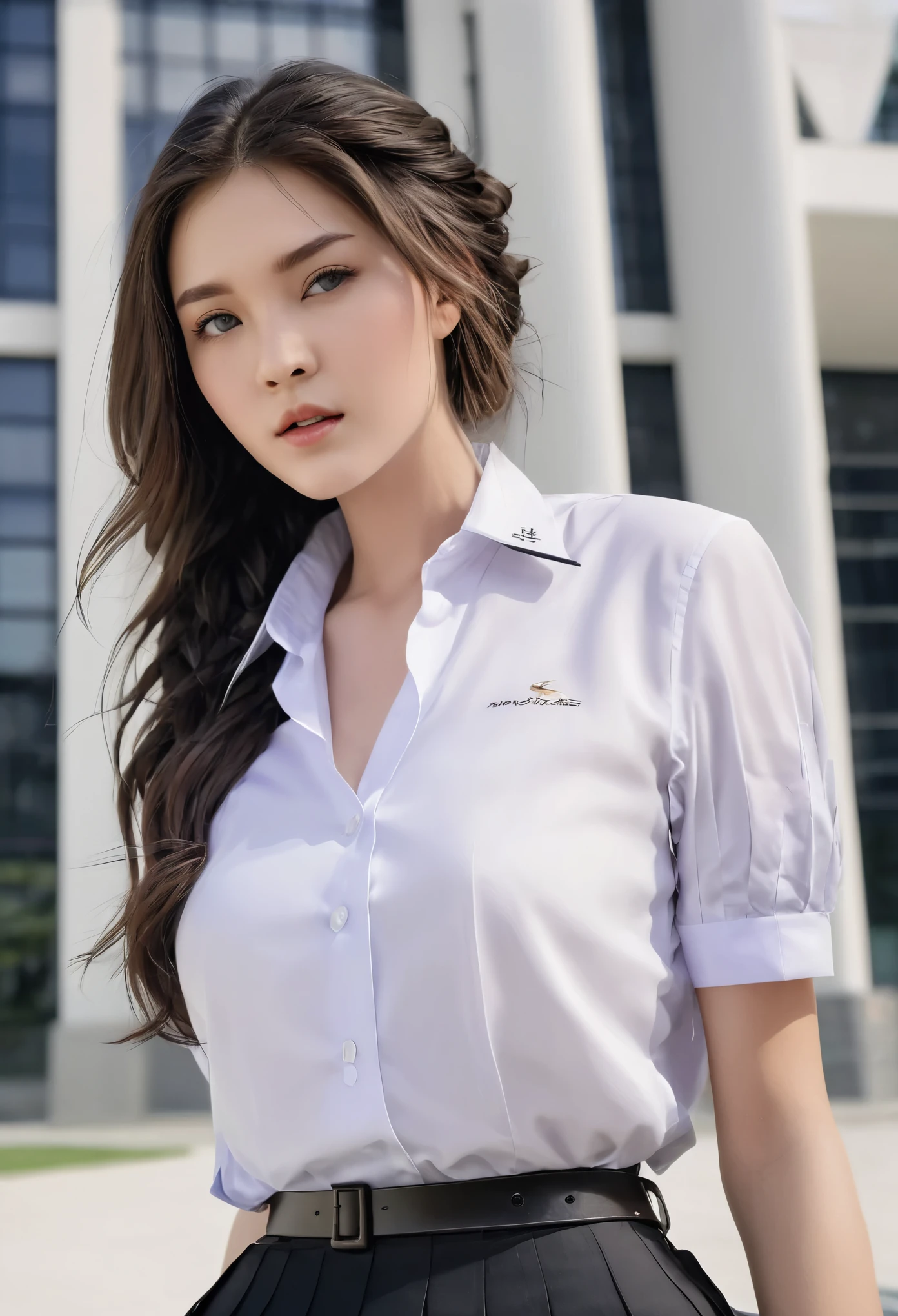 Masterpiece :1.3), A tall and pretty woman, Slender abs, Dark brown hair styled in loose waves, Breasts, student uniform, White button up shirt, Black pleated skirt, (Modern architecture in background), Details exquisitely rendered in the face and skin texture, Detailed eyes, Double eyelid