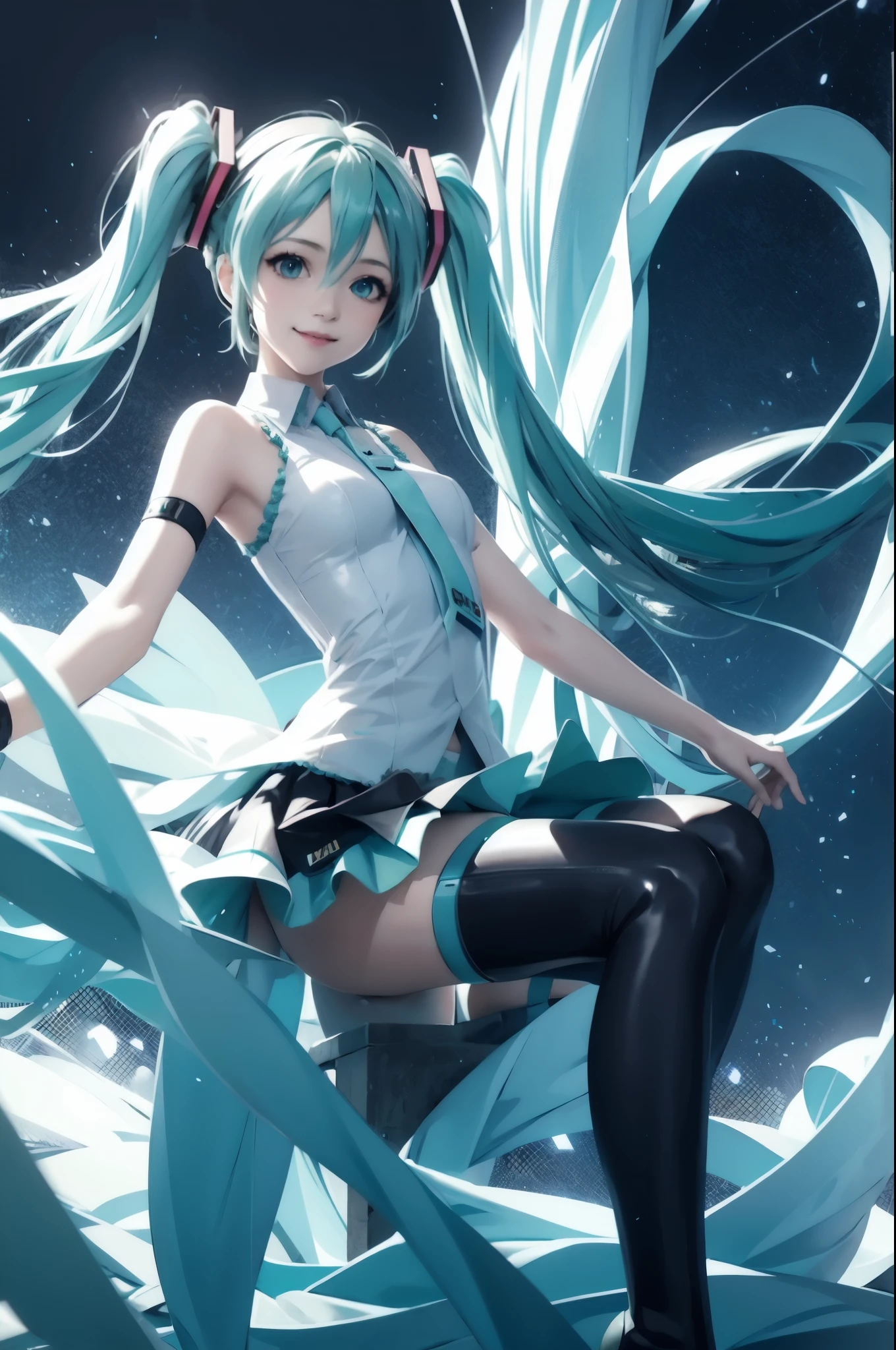 1 girl, smile, (Vocaloid), ((Hatsune Miku)), ((Blue blue-green hair)), (long hair), looking at the viewer, volume lighting, dynamic pose,Realistic