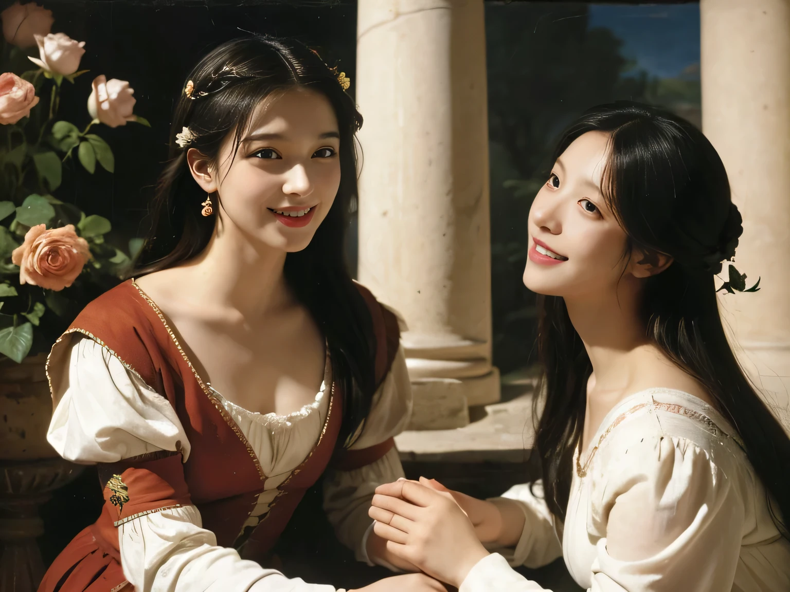 Giorgione painting style,Arguments of two female Philosophe,math、astronomical machine、astronaut、roses in vase、fruits、Cute trinkets、smile、ancient greek costume、Ancient Roman landscape in the style of Nicolas Poussin,laughter,,Sweet and seductive appearance.、Caravaggio's paintings、Chiaroscuro of Caravaggio、hair tousled by the wind,Two women frolicking,cute smile, expression of ecstasy,Sexy,erotic
