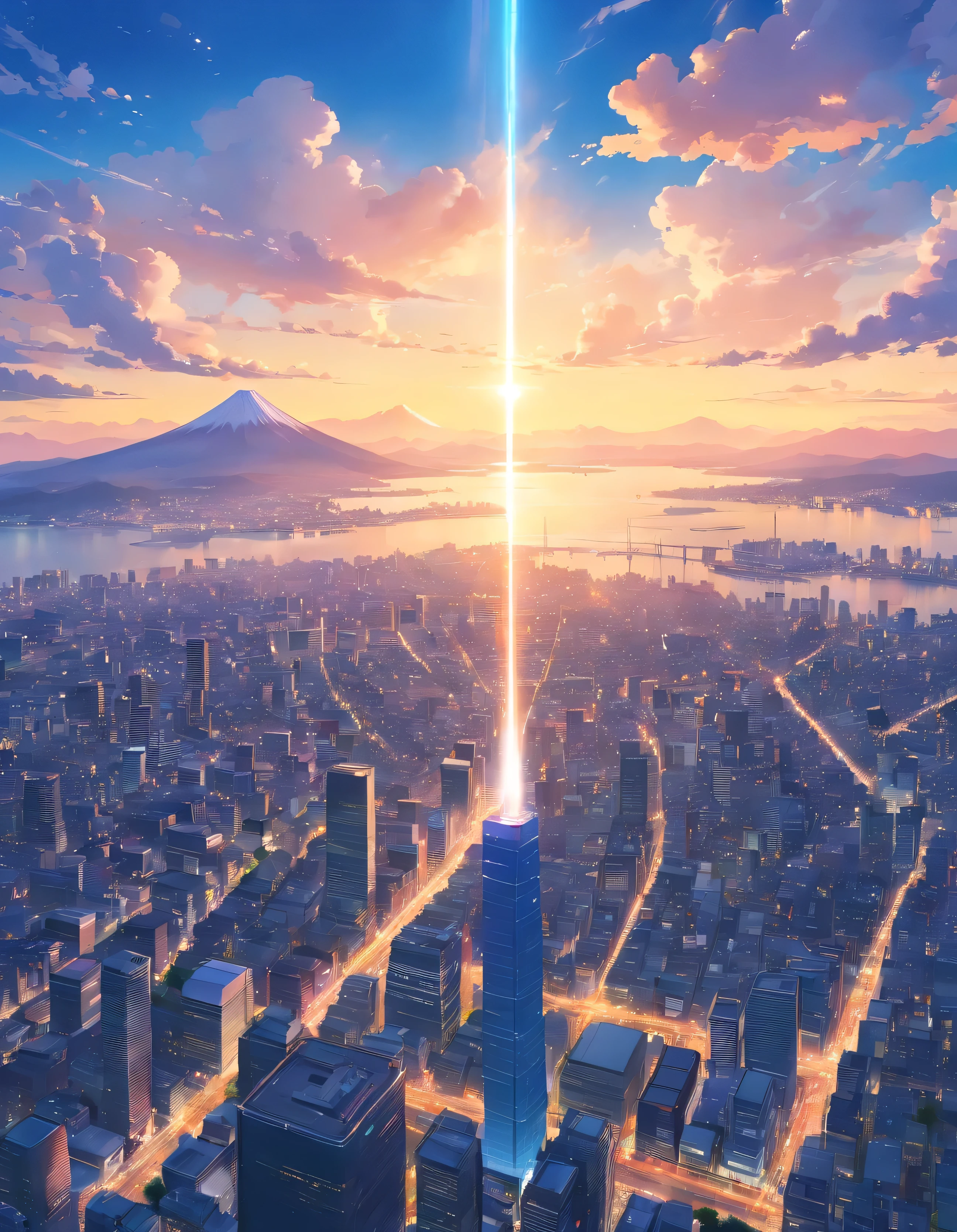 paysage Tokyo, vue d'en haut, soleil levant, Ciel bleu, blue light column, maison, Mont Fuji,