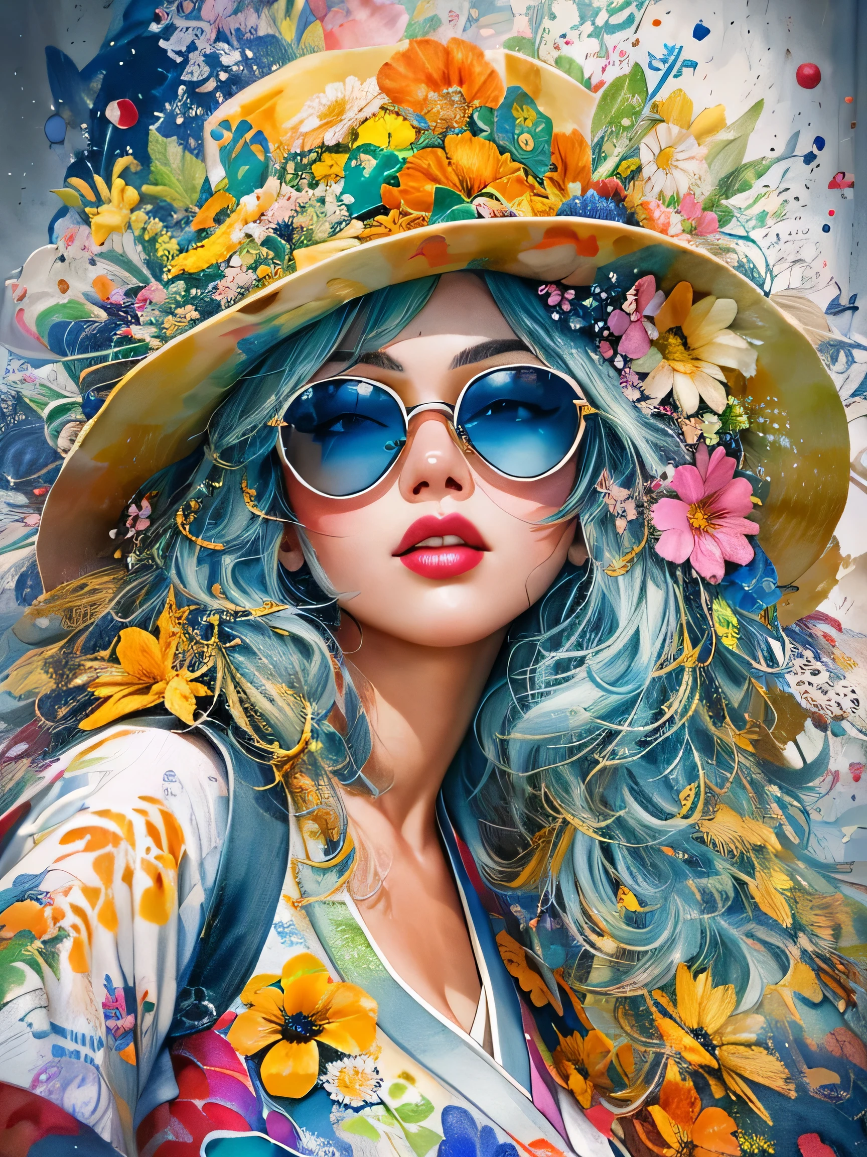 8K quality, Sylvia Pelissero watercolors, intense watercolor, watercolor detailed art, watercolor splash, surreal, avant-garde pop art, Beautiful and expressive paintings, Beautiful artwork illustration, very colorful tones, wonderful, cool beauty, highest quality,official art, vector art,stylish design, (((The strongest beautiful girl of all time))), (((Japanese)))、Idol、clear, Stylish sunglasses, Fashionable hats, (((highest quality))), bob hair, lips in love, HDR, ((Detailed details)), stylish fashion, detailed clothing texture, (((graffiti art))), colorful hair, ((masterpiece))、((Super detailed))、(((colorful flowers)))、