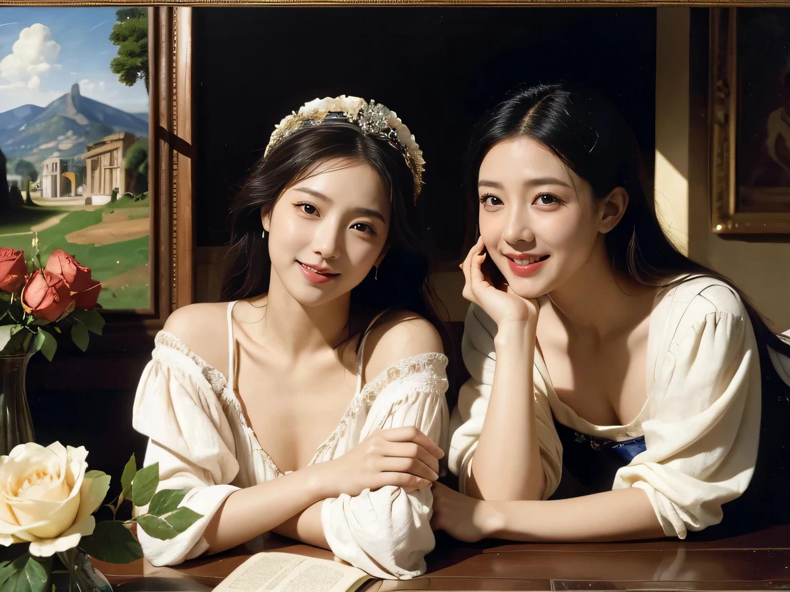Giorgione painting style,Arguments of two female Philosophe,math、astronomical machine、astronaut、roses in vase、fruits、Cute trinkets、smile、ancient greek costume、Ancient Roman landscape in the style of Nicolas Poussin,laughter,,Sweet and seductive appearance.、Caravaggio's paintings、Chiaroscuro of Caravaggio、hair tousled by the wind,Two women frolicking,cute smile, expression of ecstasy,Sexy,erotic