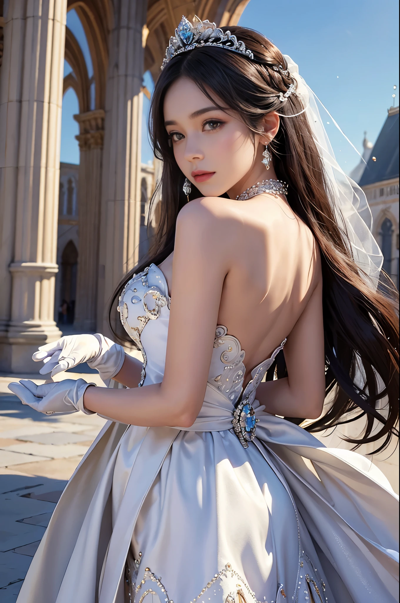 best quality, masterpiece, There is only one woman, yak, cute teen, shiny lips, sweet, sun glare, Conservative attire, Beaded bell-line wedding dress, white gloves, bridal tiara, depth of field, blurred background, Cathedral Background, light particles, strong wind, head tilt, long hair, 