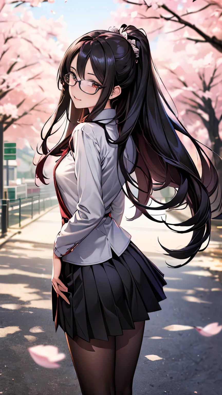 ((best quality)), ((masterpiece)), (detailed), (High contrast natural side daylight, Dynamic lighting, movie lighting), anime style, (((whole body))), Cute Japanese girl, ((Carrying the camera behind your back, Look back)), perfect body structure:1.0, attractive body shape, Smooth and fair skin, (((Extra long)))Black slightly wavy hair, Long hair blowing in the wind, ((Super fine hair quality)), ((Shocking hair quality)), ((perfect hair quality)), Long and sexy legs, (((perfect feet品質))), (((Perfect hand quality))), Looks cute, long eye hair, thin eyebrows, big eyes, dark brown pupils, Slightly blush, Smile, Rimless glasses
((symmetrical clothes, Uniforms, white collar shirt, Black pleated student skirt，dark stockings, Dark student shoes)), Perfect clothing texture, perfect feet, (Beautiful scenery), (Breeze outdoors), Peaceful Japanese city broad streets, spring morning, ((Cherry blossoms)), whole body影像, ((Perfect composition)), highlight the subject, (((Eye level photography:1))), (Careful depiction of environmental details:1.5), Depth of field control, ((Turn down color saturation:1.2)), (Japanese style photos:0.3),