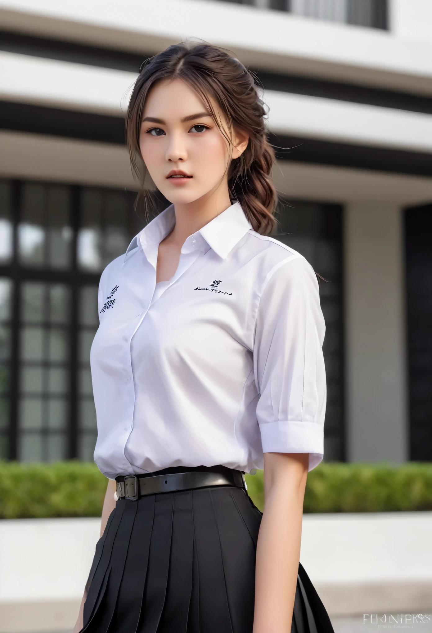 Masterpiece :1.3), A tall and pretty woman, Slender abs, Dark brown hair styled in loose waves, Breasts, student uniform, White button up shirt, Black pleated skirt, (Modern architecture in background), Details exquisitely rendered in the face and skin texture, Detailed eyes, Double eyelid