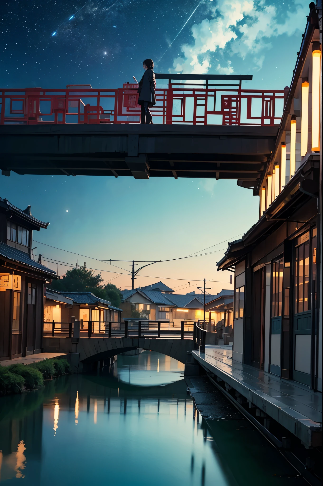 masterpiece, Cartoon train passing through body of water on rails, bright starry sky. romantic train, Xin Haicheng的图片, Colorful and bright，high saturation，high contrast, concept art, Lofi Art style, （（reflection））. author：Xin Haicheng, Lofi Art, beautiful anime scene, anime scenery, Detailed Landscape—Width 672, Xin Haicheng的风格, Xin Haicheng的风格, Enhance details.