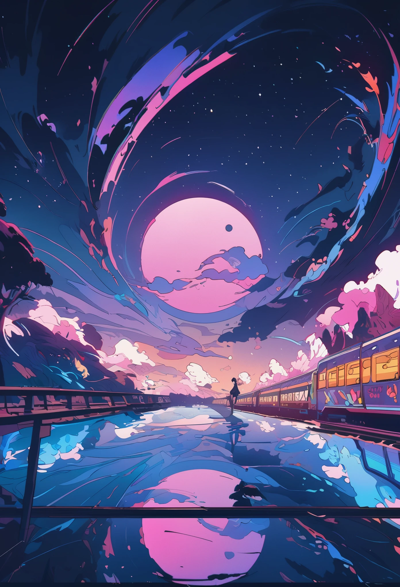 masterpiece, Cartoon train passing through body of water on rails, bright starry sky. romantic train, Xin Haicheng的图片, Colorful and bright,high saturation,high contrast, concept art, Lofi Art style, ((reflection)). author:Xin Haicheng, Lofi Art, beautiful anime scene, anime scenery, Detailed Landscape—Width 672, Xin Haicheng的风格, Xin Haicheng的风格, Enhance details.