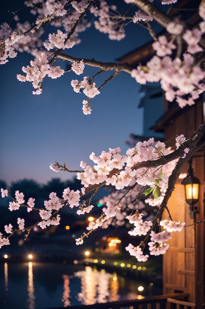 highest quality、Cherry blossoms at night、Cherry tree in full bloom、full moon、petal、light up、beautiful、fantasy