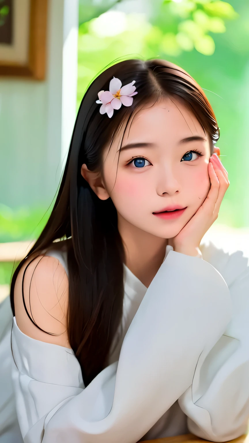 table top:1.2, high quality, 最high quality, High resolution, become familiar with, surreal, girl、童face、丸めのface、small nose、plump lips、 beautiful hair、14talent、 blue eyes, head tilt, sunset, Cherry Blossom, portrait, (become familiar with face), ((sharp focus)), ((face)), Upper body_body