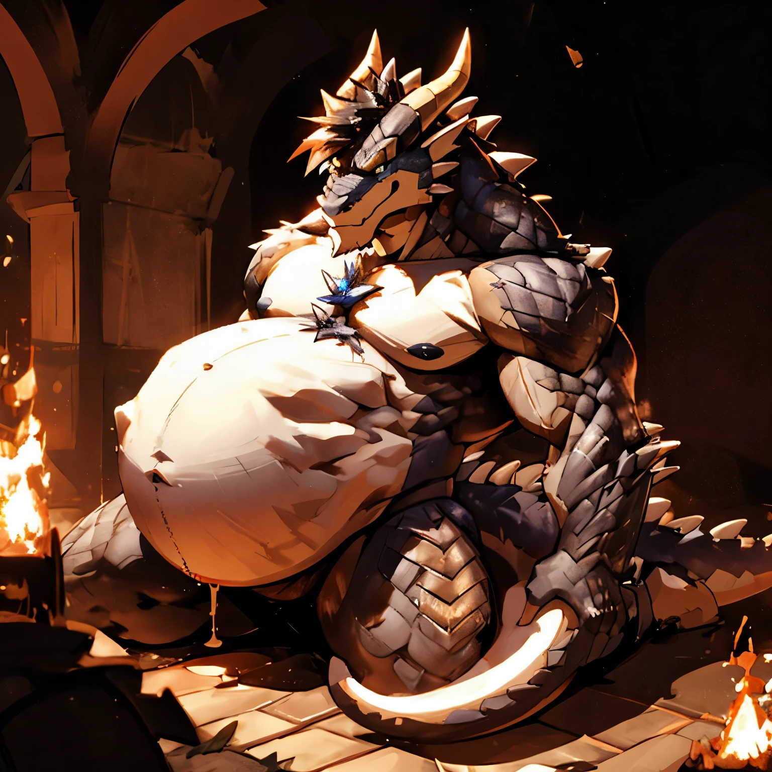 Dragon, horns, muscular, belly,forest,vore, night, laying next to fire, pecs, emo hair, round belly