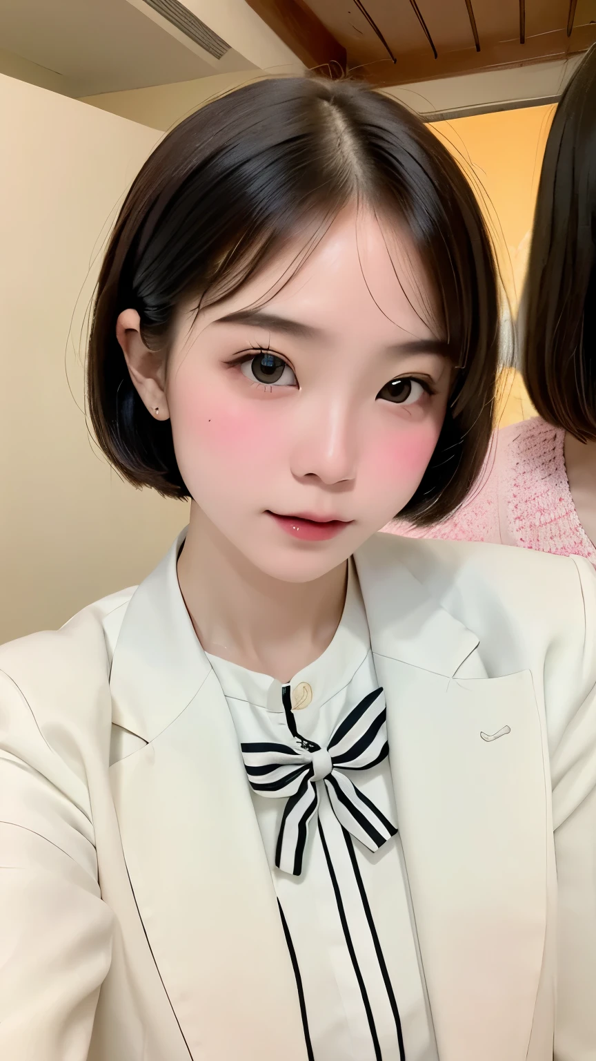 masterpiece, highest quality, 8K, super dense skin, look far away, jealous, cute, 1 girl, short hair, wearing a bow bow, secret society time traveler, 