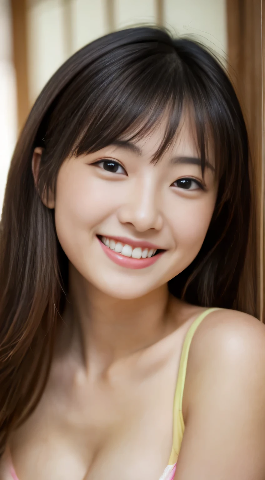 masterpiece,best quality,(Japanese ),((Beautiful girl)),cleavage,indoor,(perfect body beauty:1.2),(shy smile),beautiful teeth,