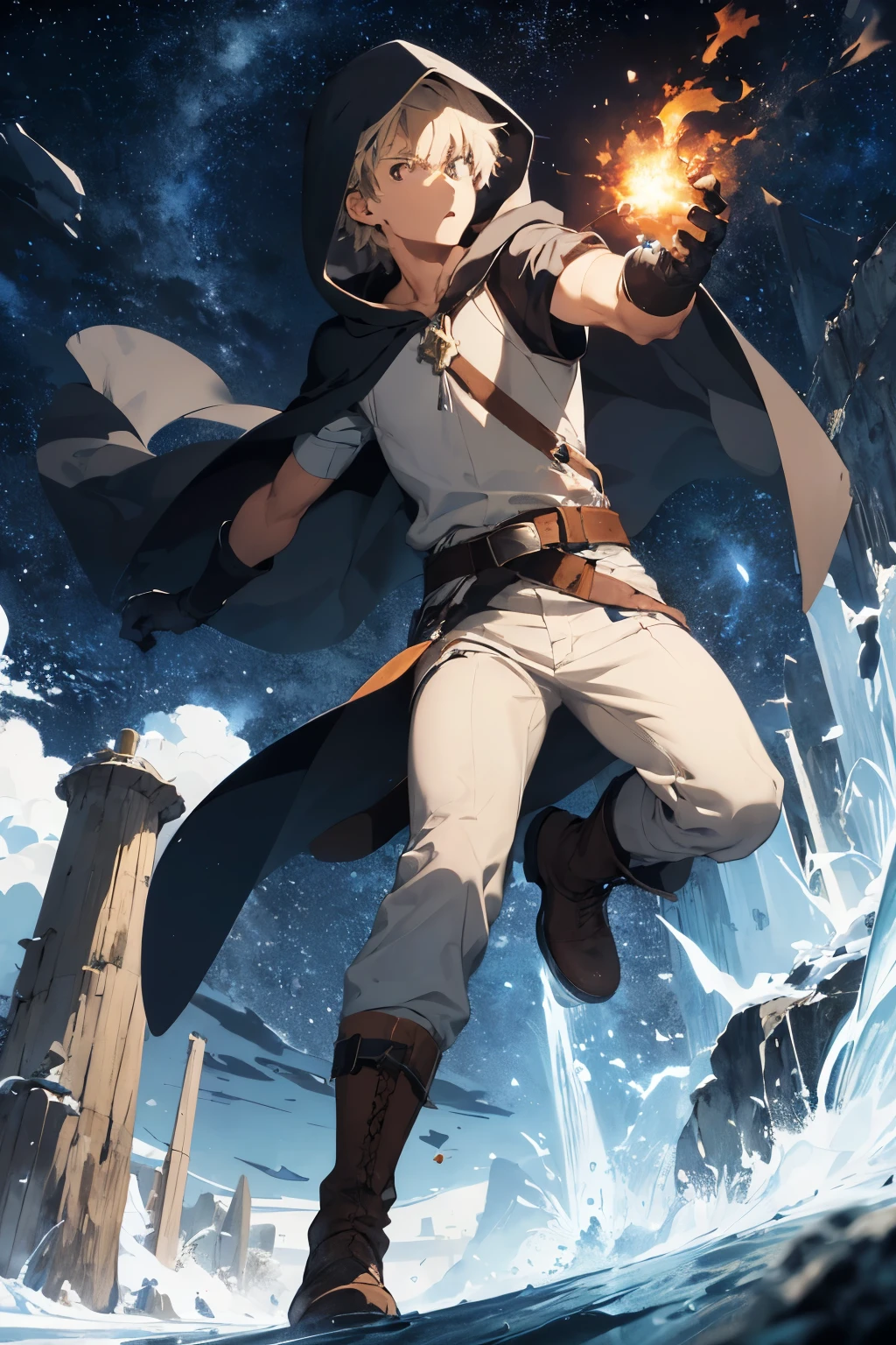 Design 1 man throwing a fireball. 22 year old man with dark blue hood and cape. Cabello gris claro Ojos luminosos. Vestido con una camisa blanca de botones, pantalones cortos verdes, brown gloves and belt and short brown boots. Create an icy background, atacado porlas ((mejorar rostro))