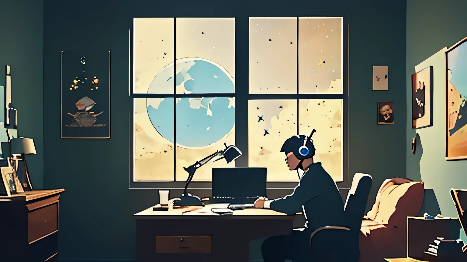 (masterpiece) a boy studying sitting in his room, over his desk, with headphones on, nerd decoration, pokémon plushies on the wall, posters, window showing the moon and stars, calm, peacefull, thinking, Unreal Engine 5, Cinematic, Color grading, Hyper-detailed, beautifully color-coded, insanely details, Intricate details, beautifully color-graded, illusory engine, editorial photography , photoshoot, Shot on 70mm lense, Depth of field, degrees of , 32K, Hyper-Resolution，More detail