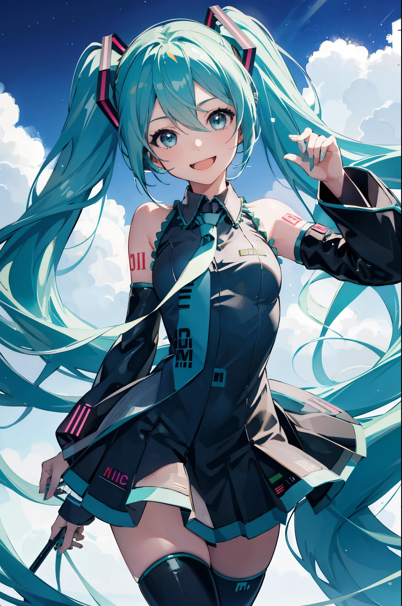 1 girl, smile, (Vocaloid), ((Hatsune Miku)), ((Blue blue-green hair)), (long hair), looking at the viewer, volume lighting, dynamic pose,Realistic