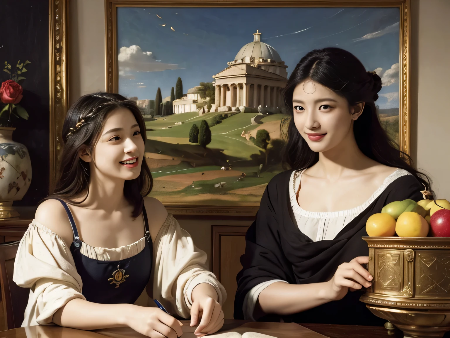 Giorgione painting style,Arguments of two female Philosophe,math、astronomical machine、astronaut、roses in vase、fruits、Cute trinkets、smile、ancient greek costume、Ancient Roman landscape in the style of Nicolas Poussin,laughter,,Sweet and seductive appearance.、Caravaggio's paintings、Chiaroscuro of Caravaggio、hair tousled by the wind,Two women frolicking,cute smile, expression of ecstasy,Sexy,erotic
